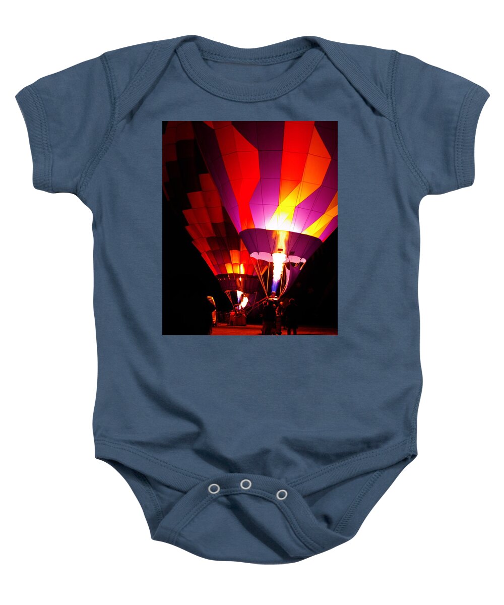 Two Hot Air Balloons Baby Onesie featuring the photograph Light My Fire by Nancy Cupp