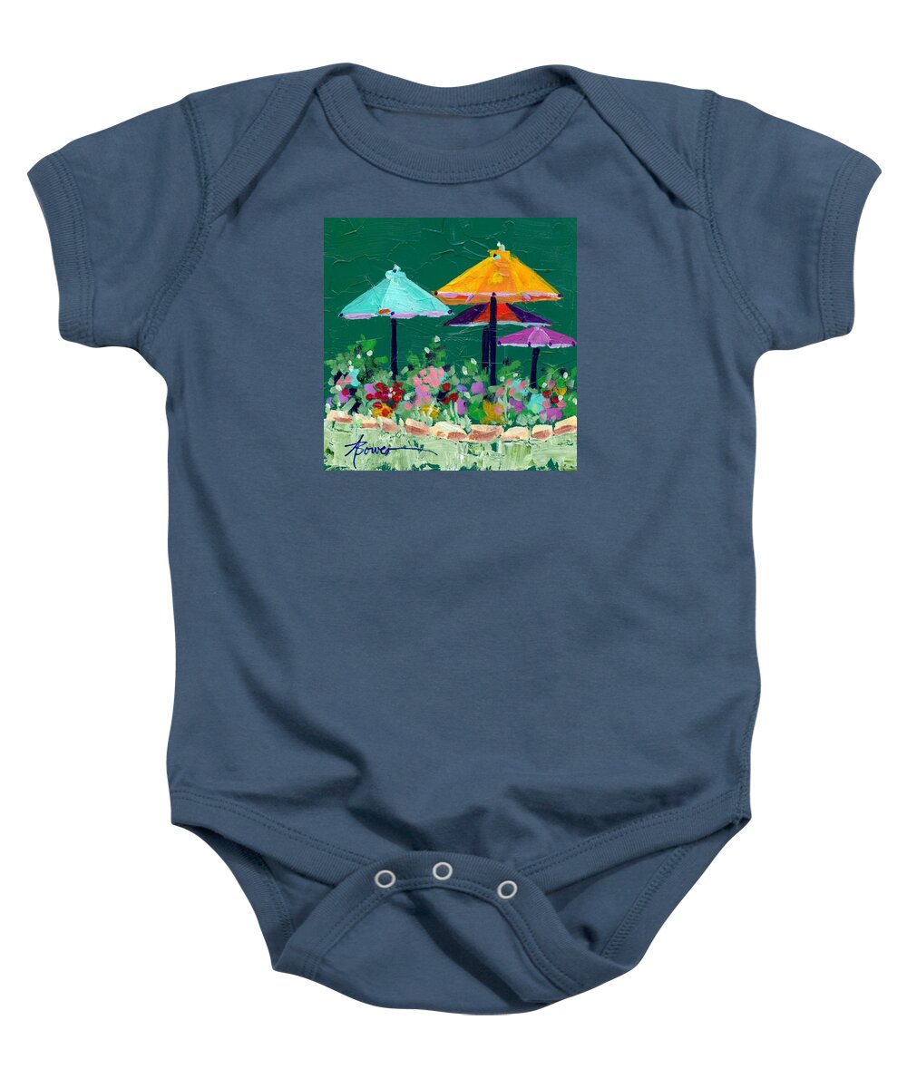 Umbrellas Baby Onesie featuring the painting Meet Me At The Cafe by Adele Bower