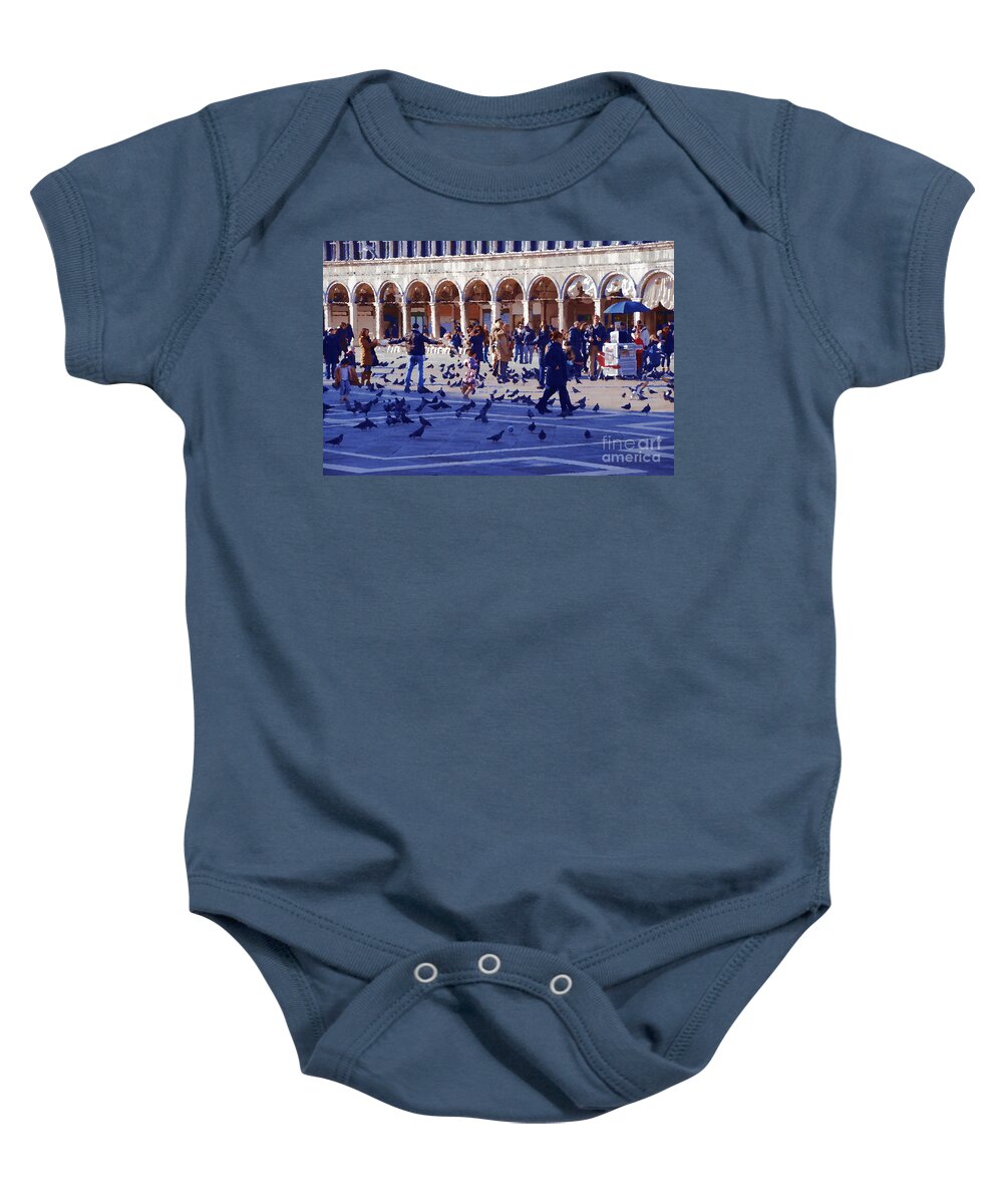 Piazza San Marco Baby Onesie featuring the photograph Piazza San Marco Frolic - Impression by Jacqueline M Lewis