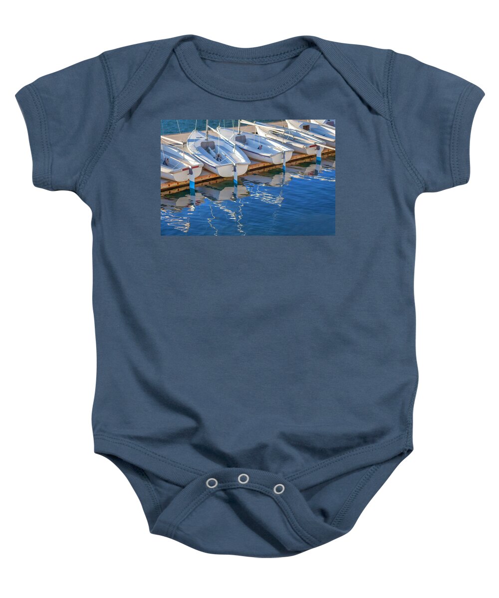 Boats Baby Onesie featuring the digital art Sailboats and dock by Cliff Wassmann