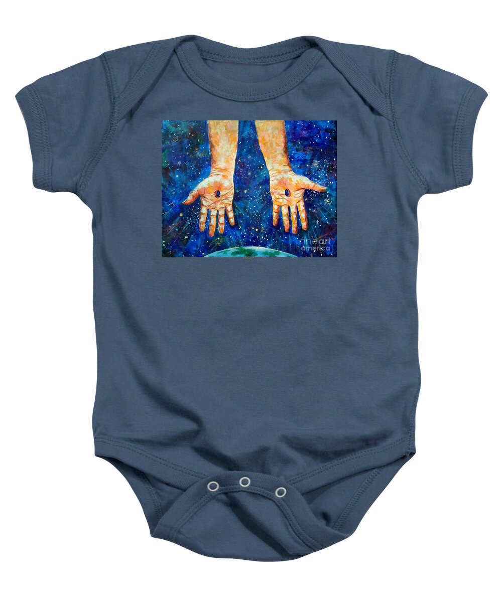 Hands Of Jesus Baby Onesie featuring the painting The whole world in His hands by Lou Ann Bagnall