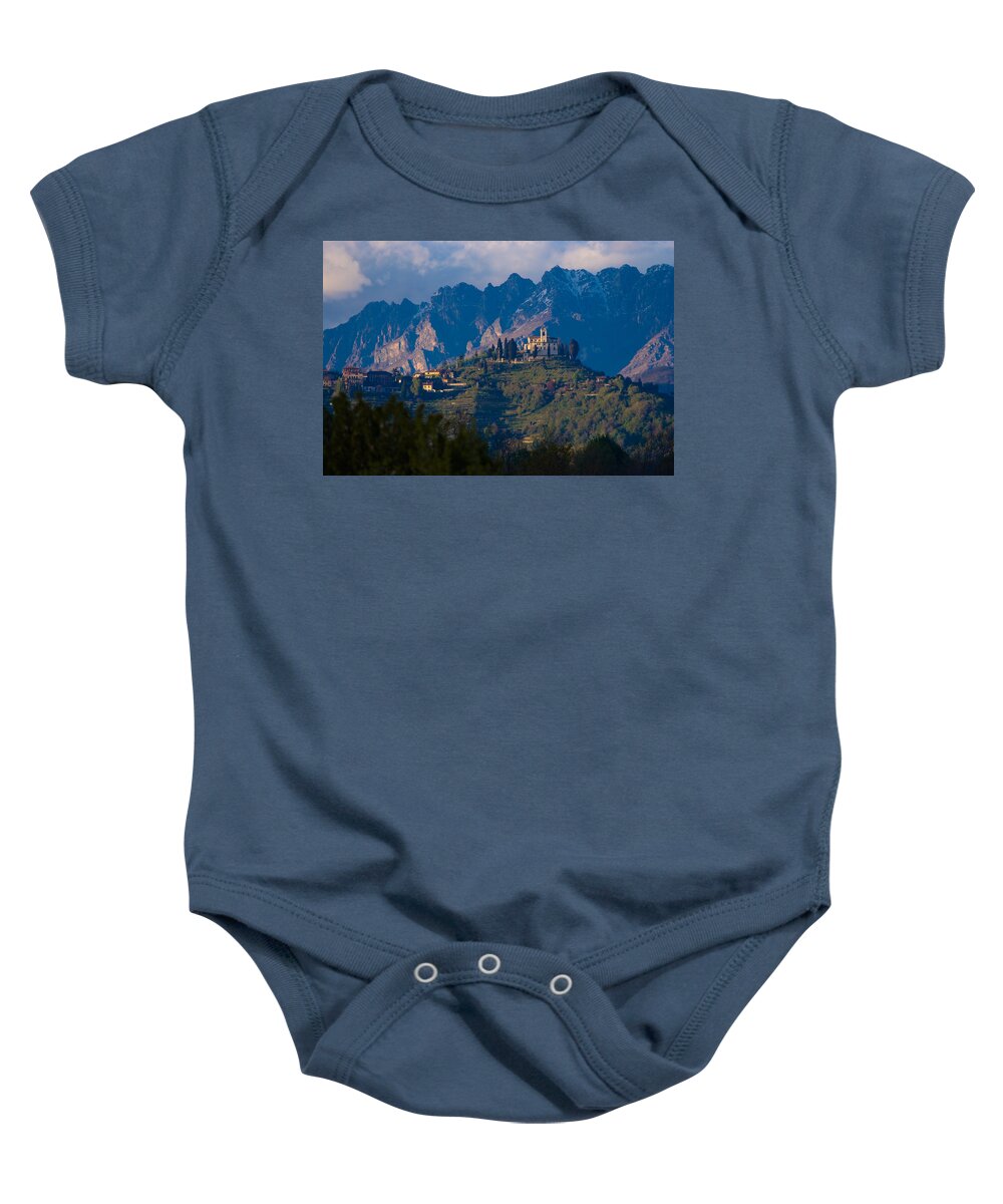 Alps Hills Italy Shrine Mountain Chapel High Baby Onesie featuring the photograph Montevecchia and Resegone by Marco Busoni
