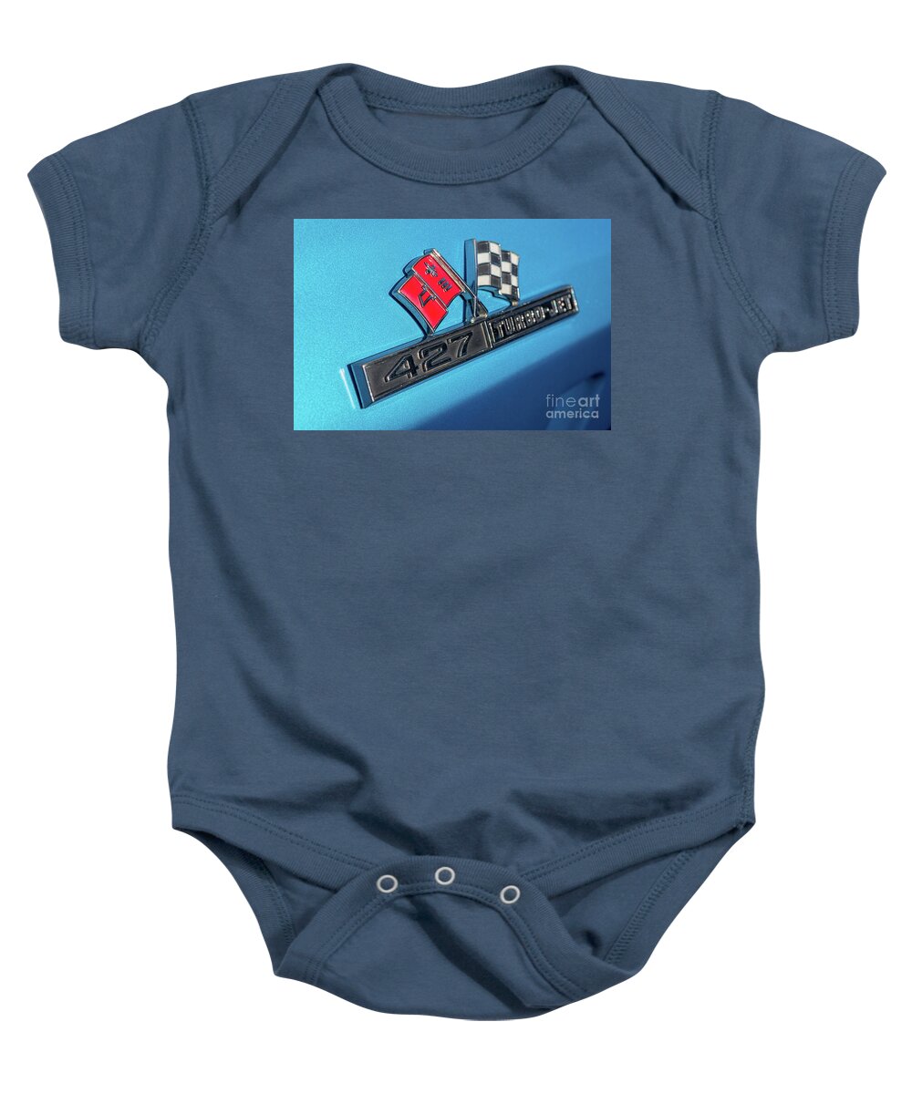 Chevy Baby Onesie featuring the photograph 1965 Blue Corvette 427 Turbo Jet Emblem by Aloha Art