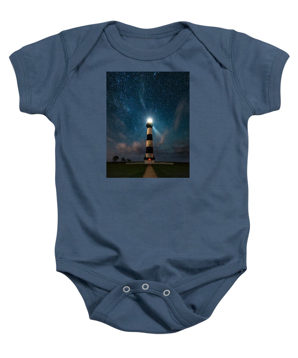 Bodie Baby Onesie featuring the photograph Bodie Lighthouse Under the Stars by Nick Noble