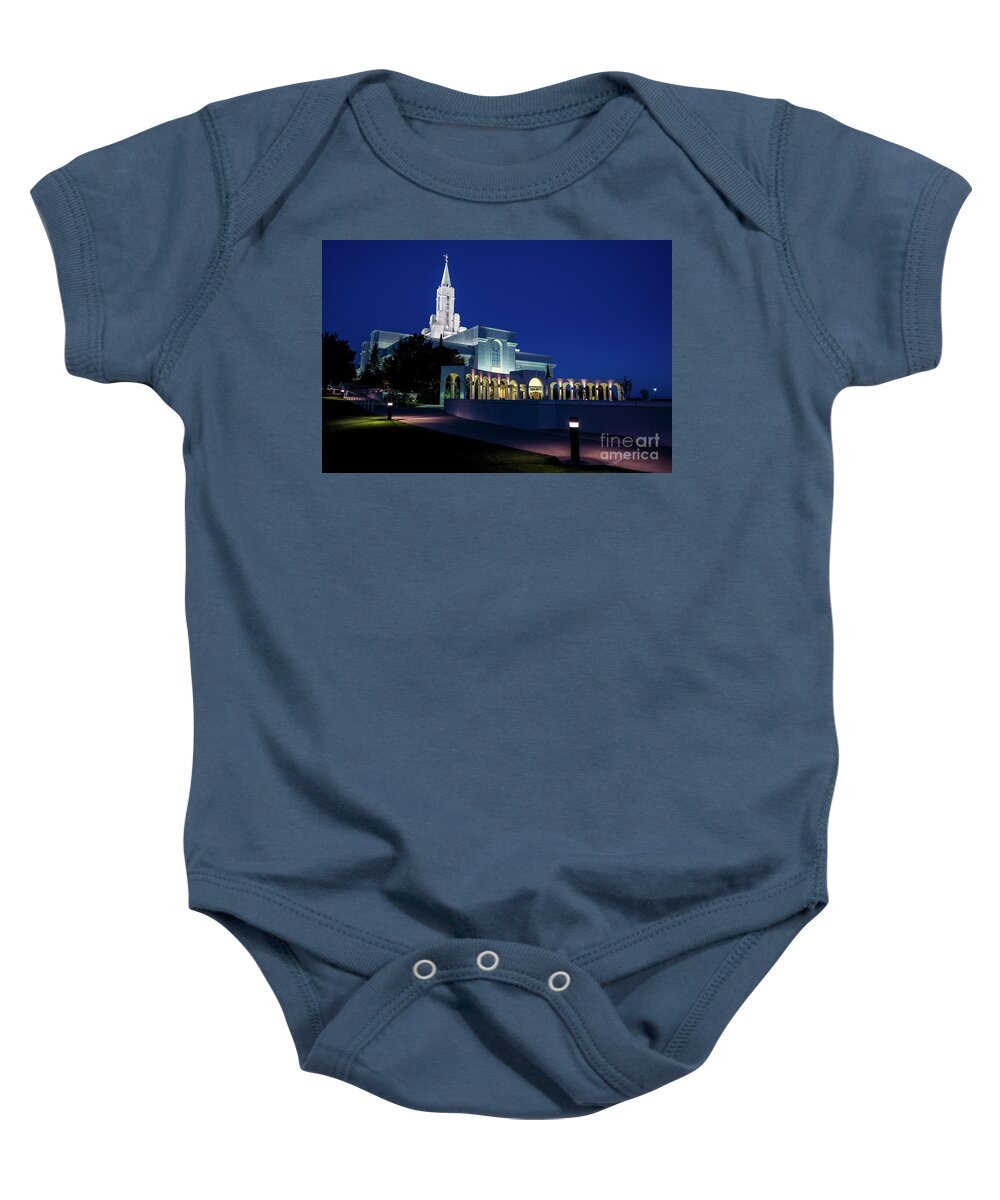 Bountiful Temple Baby Onesie featuring the photograph Bountiful Mormon LDS Temple at Twilight - Utah by Gary Whitton