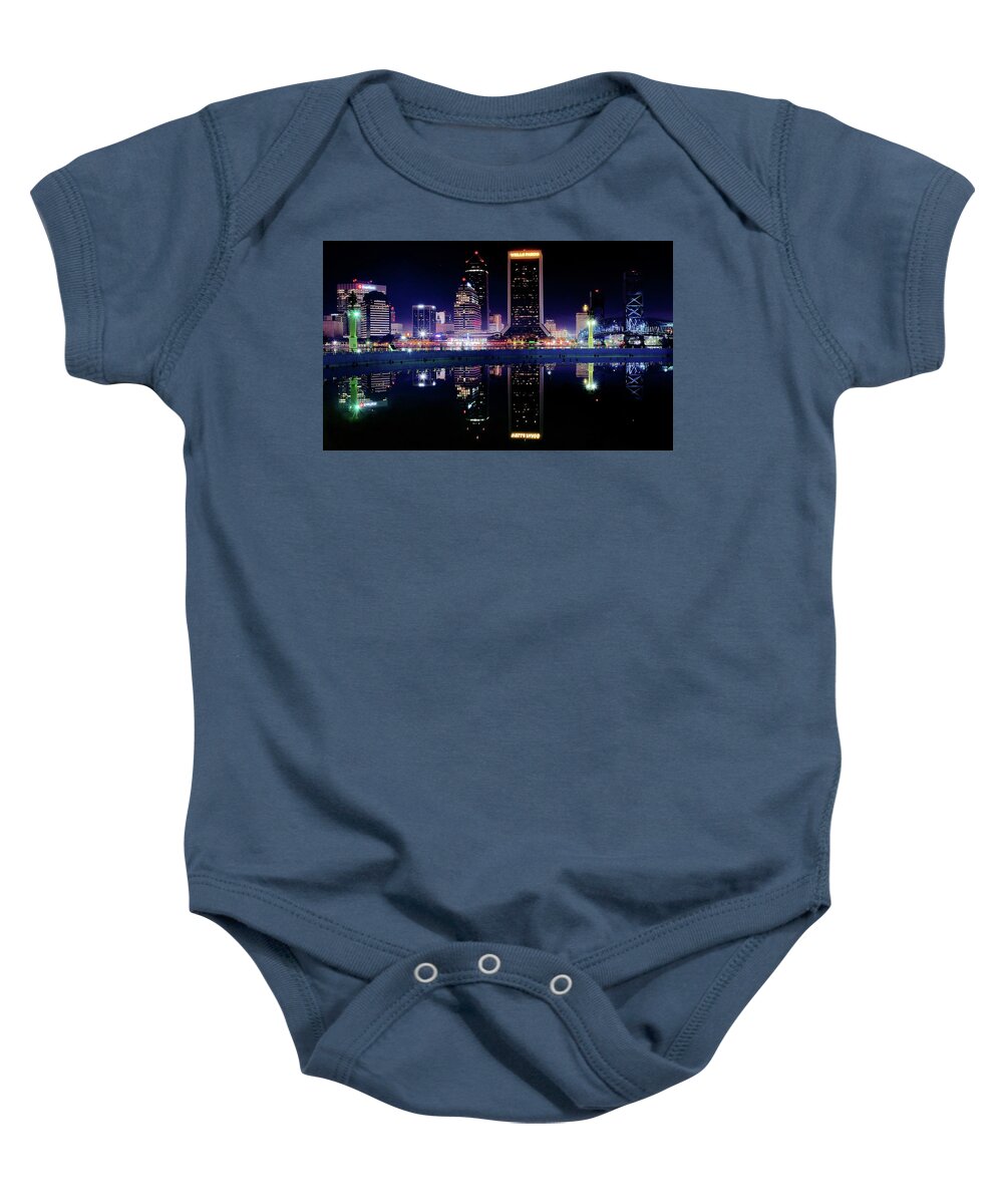 Jacksonville Baby Onesie featuring the photograph Colorful Night Reflection in Jacksonville by Frozen in Time Fine Art Photography