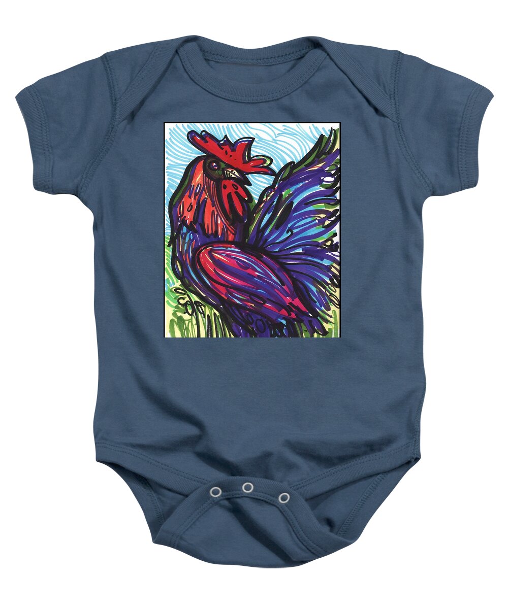 Rooster Baby Onesie featuring the drawing Elegant rooster by Enrique Zaldivar