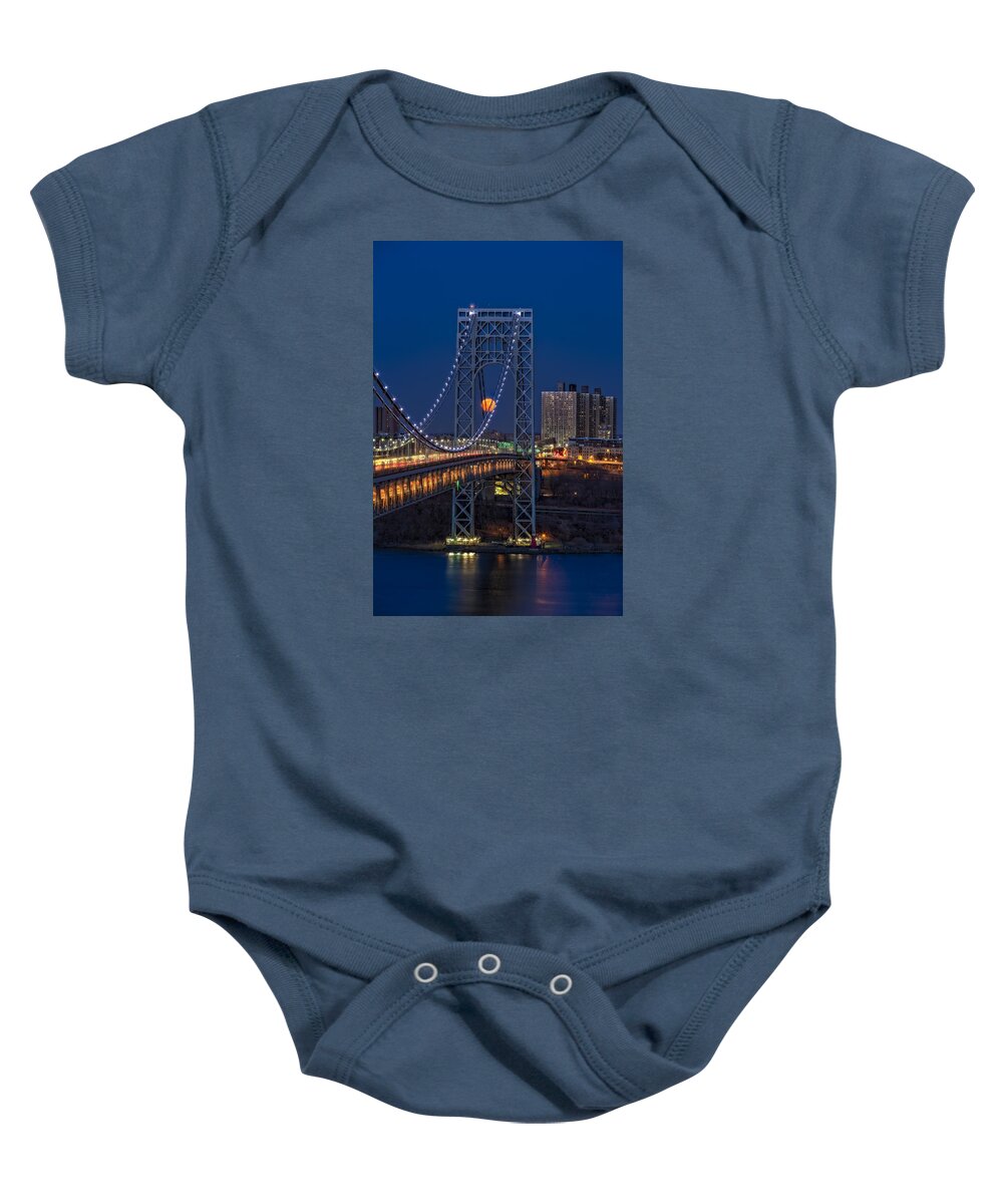 George Washington Bridge Baby Onesie featuring the photograph George Washington Bridge Full Moonrise by Susan Candelario