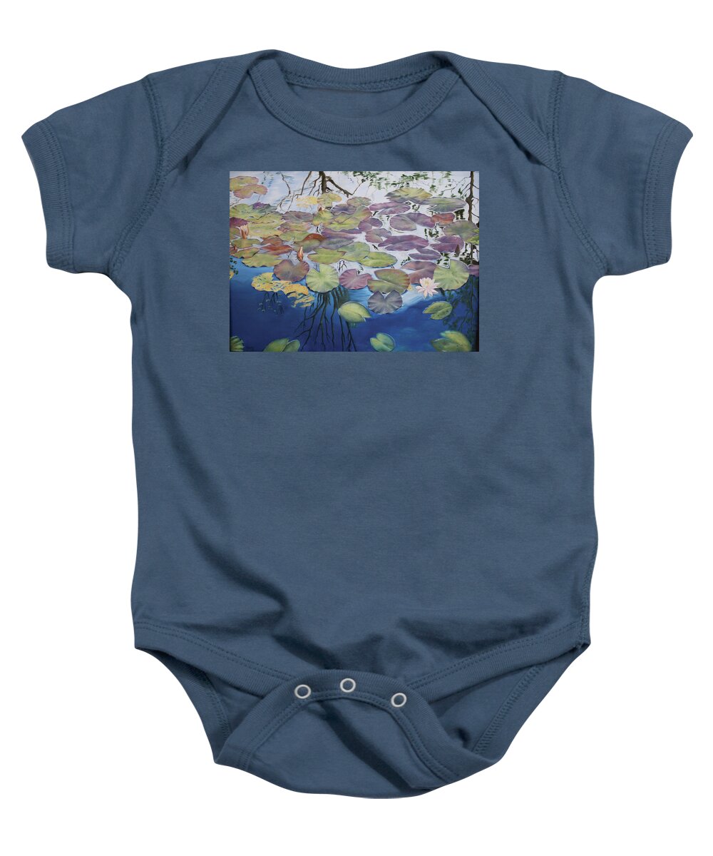 Waterlily Pond; Waterlily; Waterlily Blossom; Water; Serenity; Contemplation Baby Onesie featuring the photograph Bridged's Pond by Marg Wolf