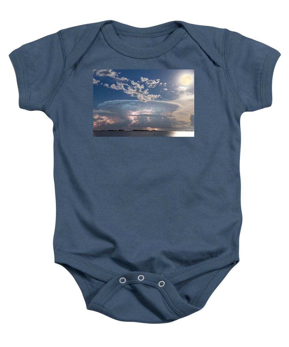 Storm Baby Onesie featuring the photograph Lake Side Storm Watching With Full Moon by James BO Insogna