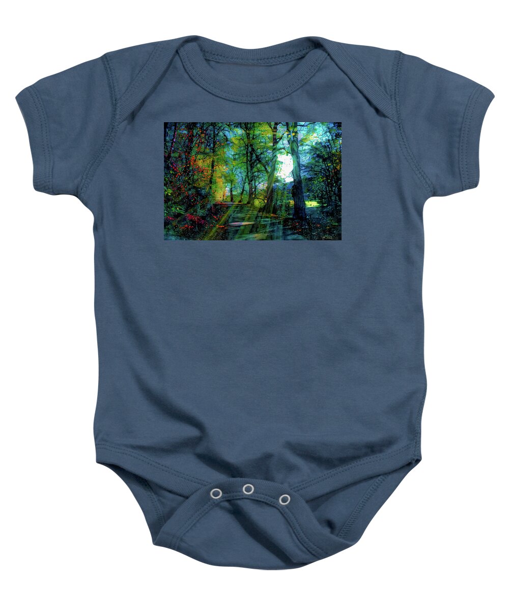Light Through The Tree Baby Onesie featuring the mixed media Lightbeam in the woods by Lilia S