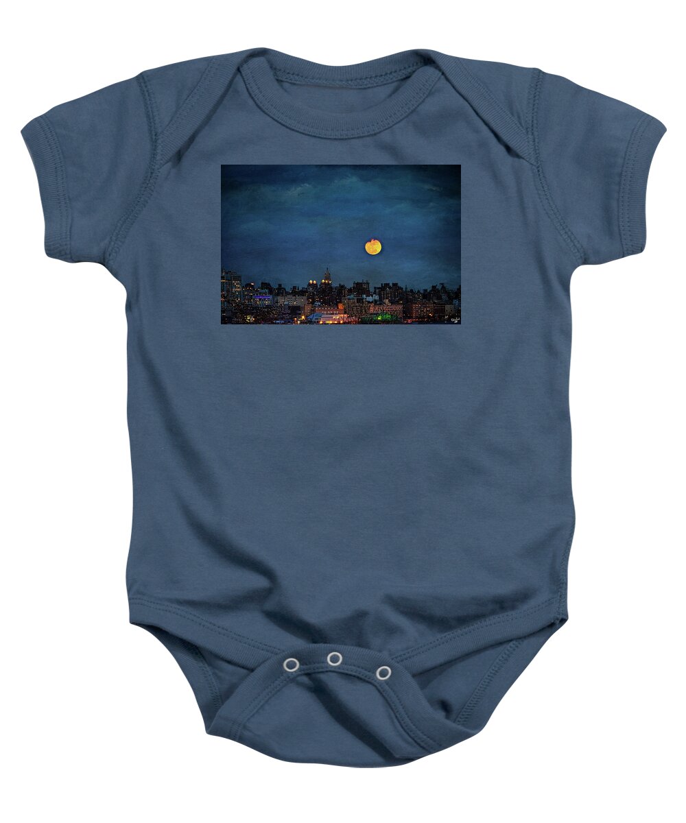 Manhattan Baby Onesie featuring the photograph Manhattan Moonrise by Chris Lord