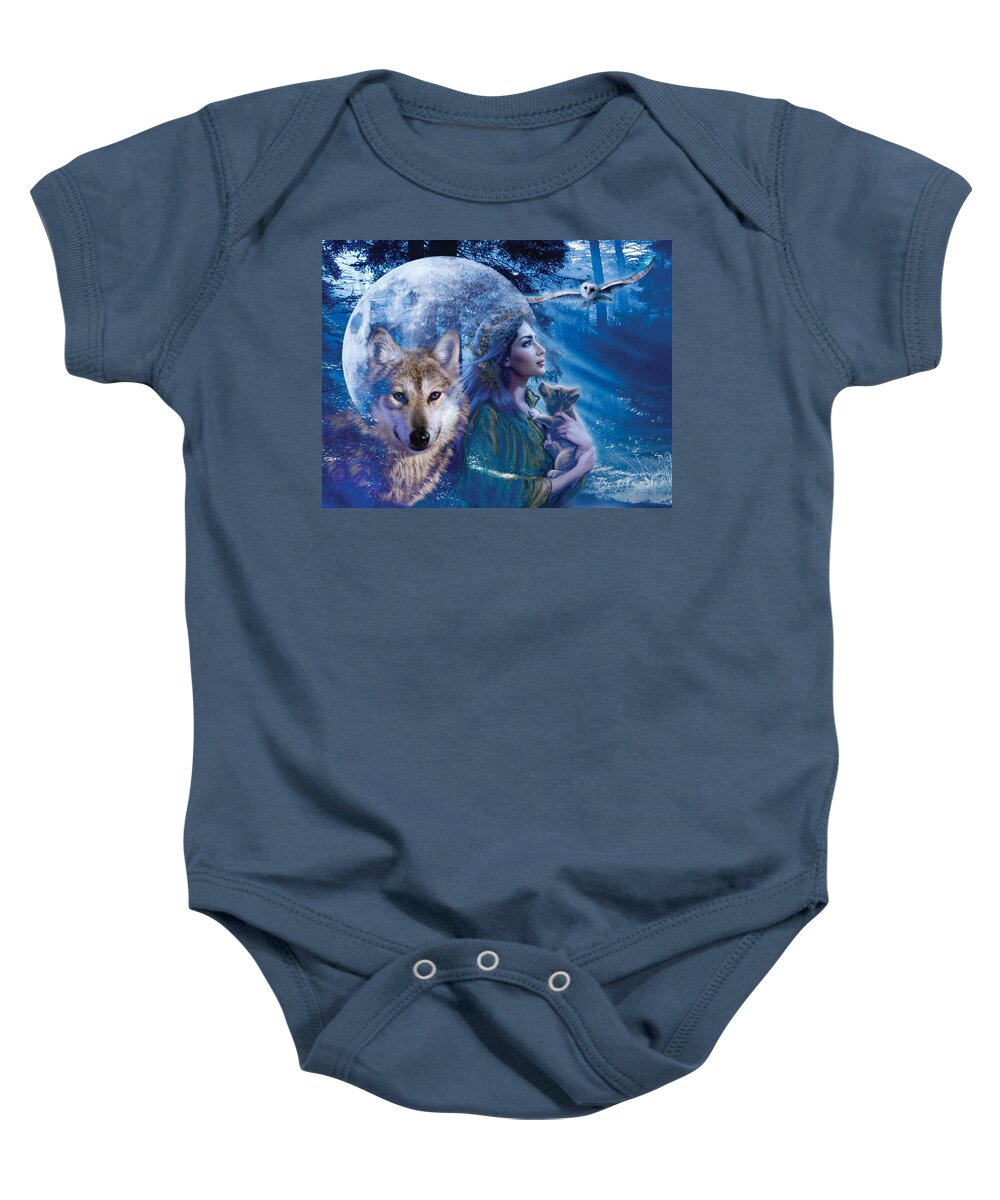 Wolf Baby Onesie featuring the photograph Moonlit Brethren Variant 1 by MGL Meiklejohn Graphics Licensing
