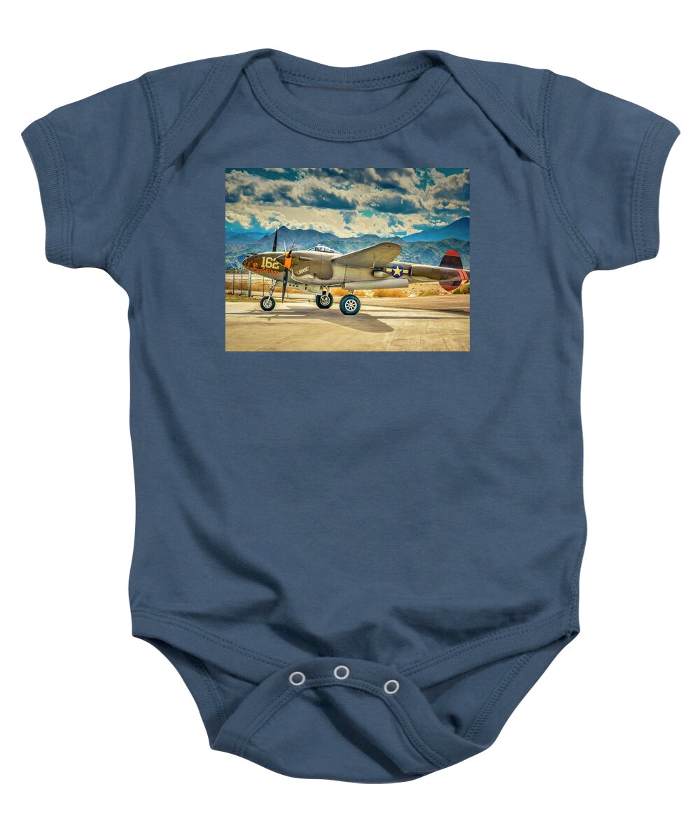 P-38 Lightening Baby Onesie featuring the photograph P38 Fly In by Sandra Selle Rodriguez