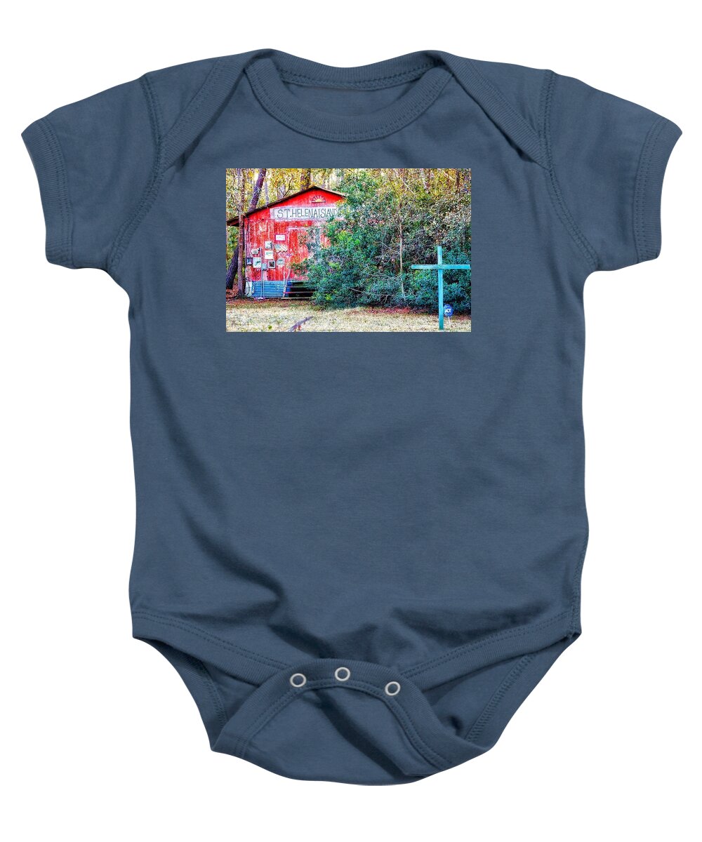 Red Barn Baby Onesie featuring the photograph Red Barn with Signs, Heavily Guarded by Patricia Greer