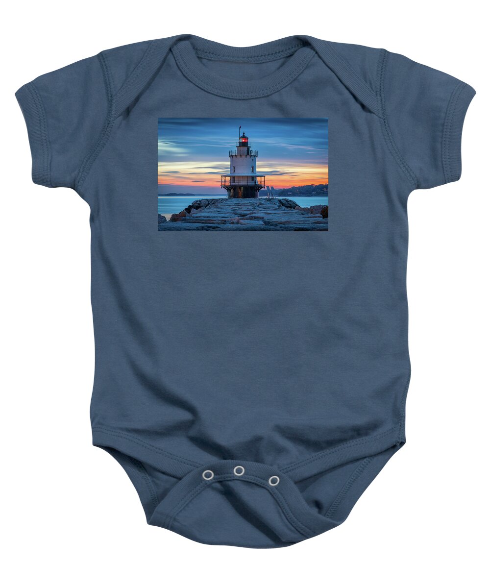 Maine Baby Onesie featuring the photograph Spring Point Ledge Light Blue Hour by Colin Chase