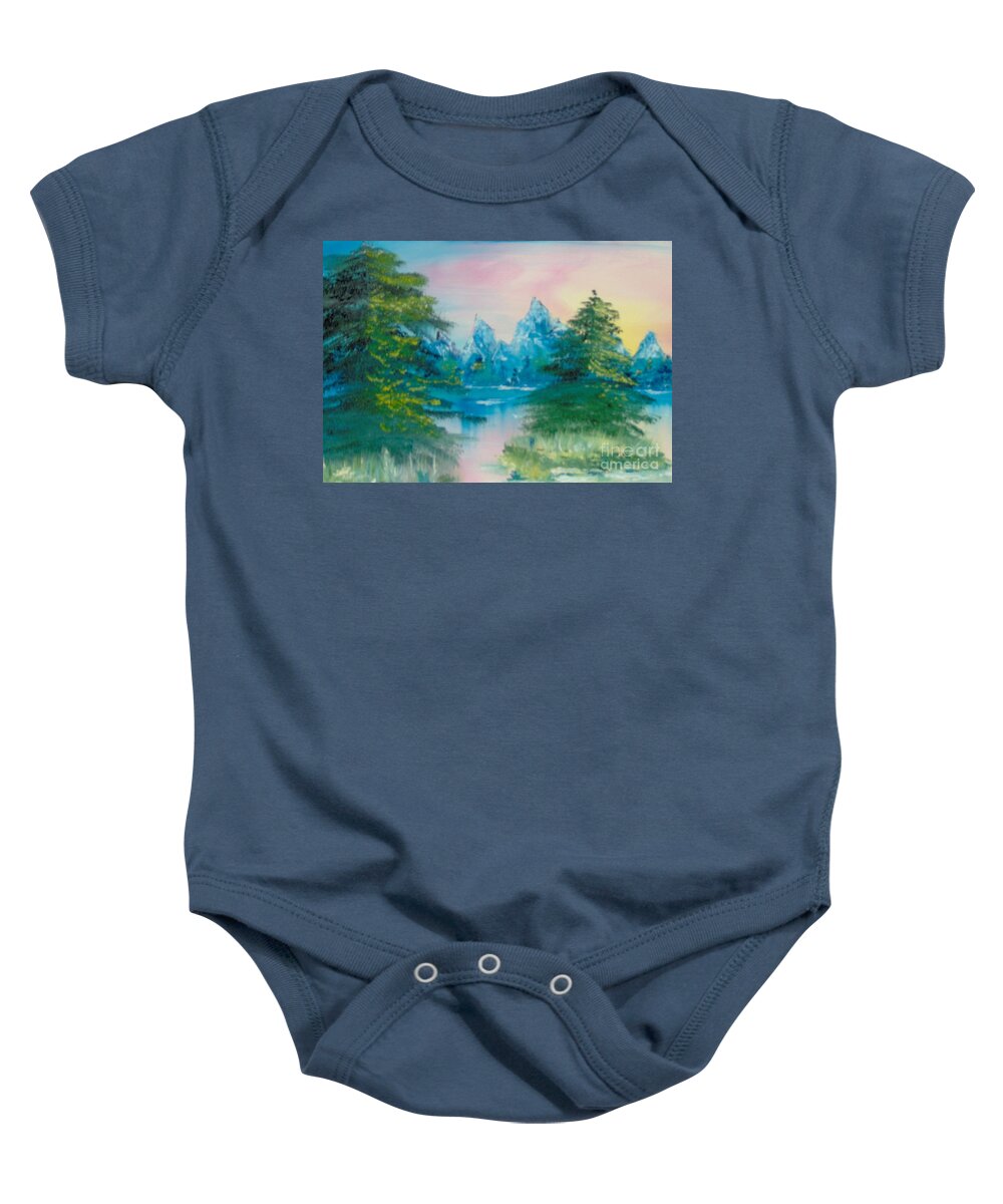 Landscape Baby Onesie featuring the painting Sunset Lake by Saundra Johnson