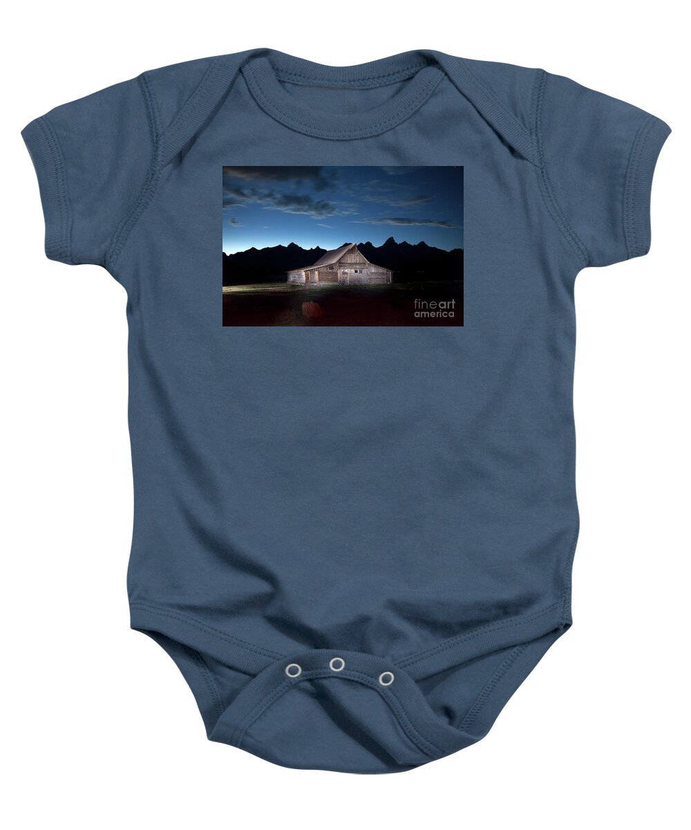Mormon Row Baby Onesie featuring the photograph The John Moulton Barn on Mormon Row at the base of the Grand Tetons Wyoming by Greg Kopriva