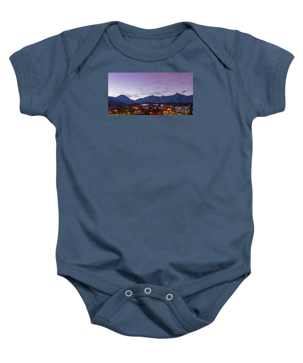 Estes Baby Onesie featuring the photograph Twilight Panorama of Estes Park, Stanley Hotel, Castle Mountain and Lumpy Ridge - Rocky Mountains by Silvio Ligutti