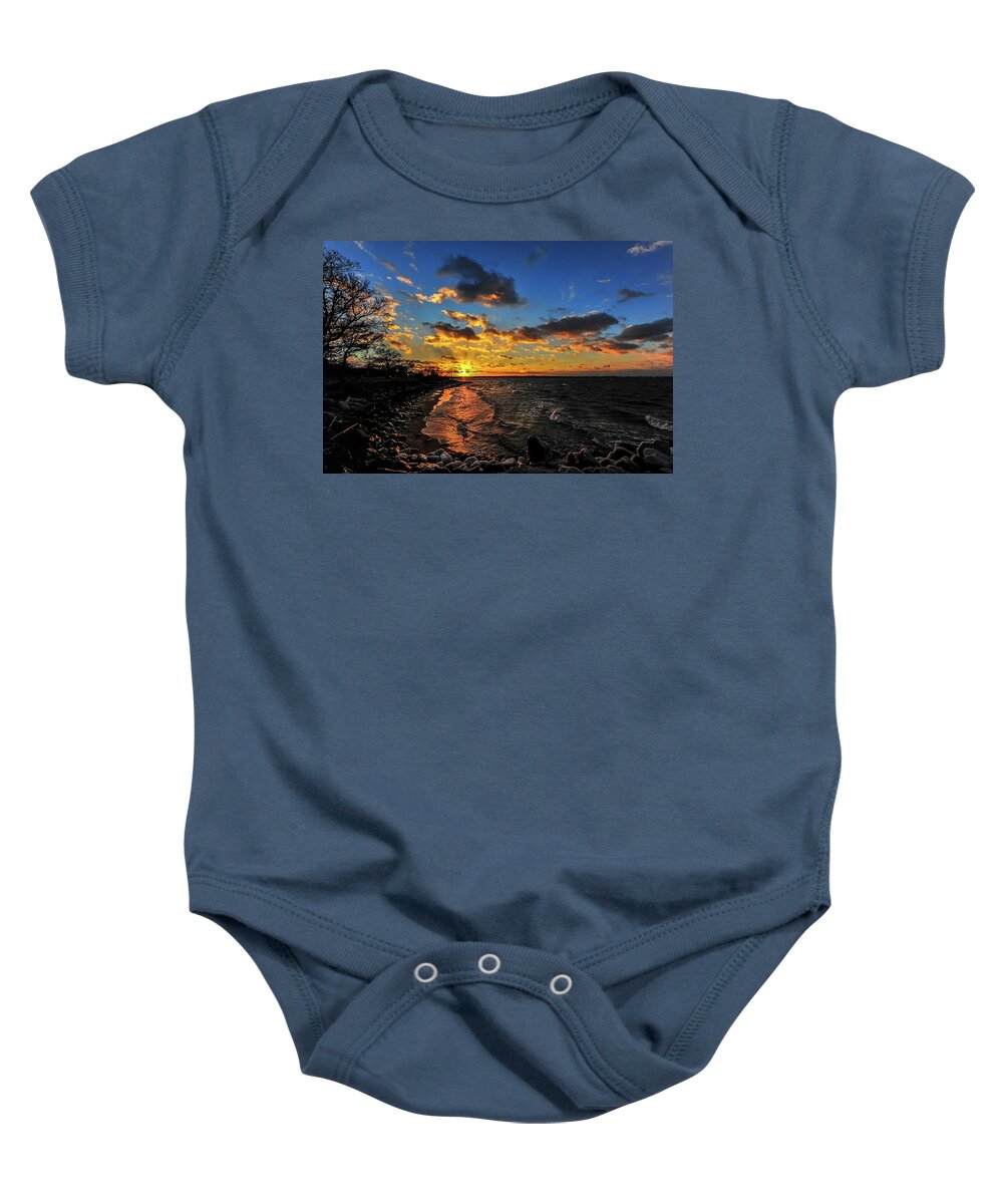 Landscape Baby Onesie featuring the photograph Winter sunset on a Chesapeake Bay beach by Patrick Wolf