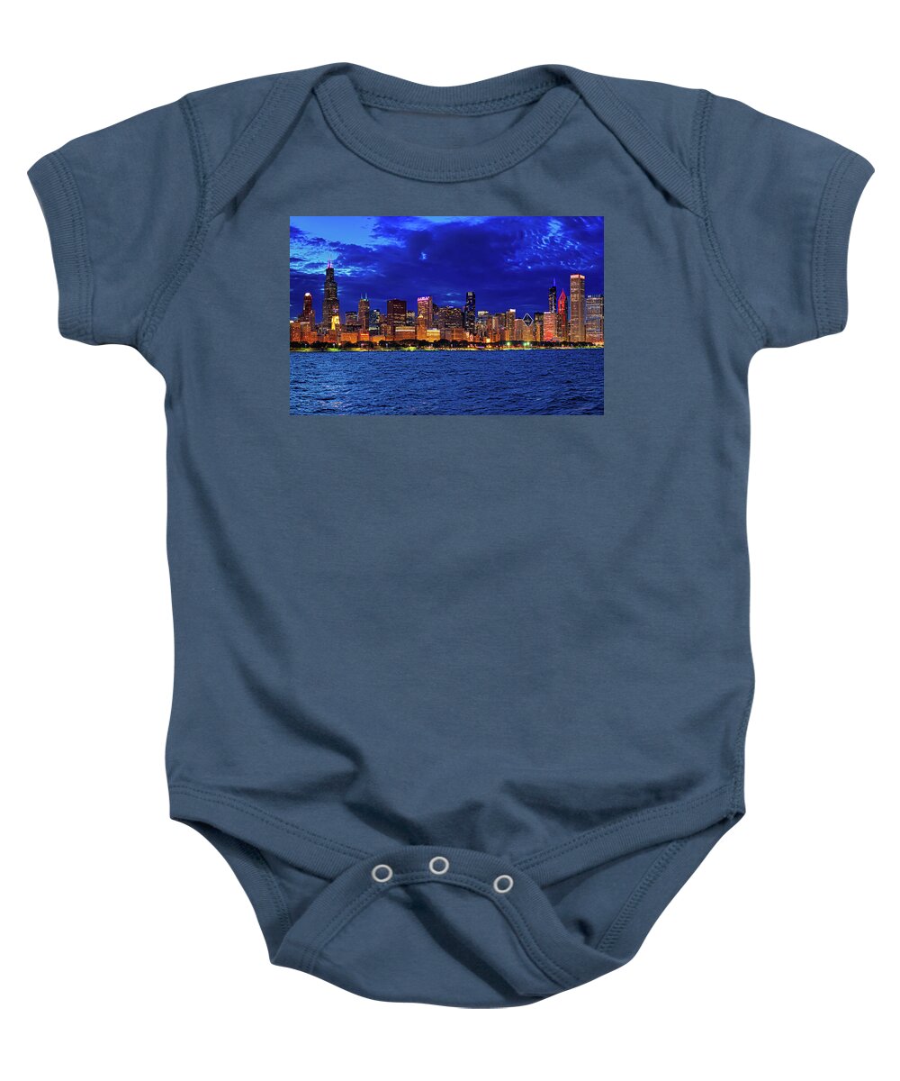 Chicago Baby Onesie featuring the photograph Chicago Blue Hour Skyline by Mitchell R Grosky
