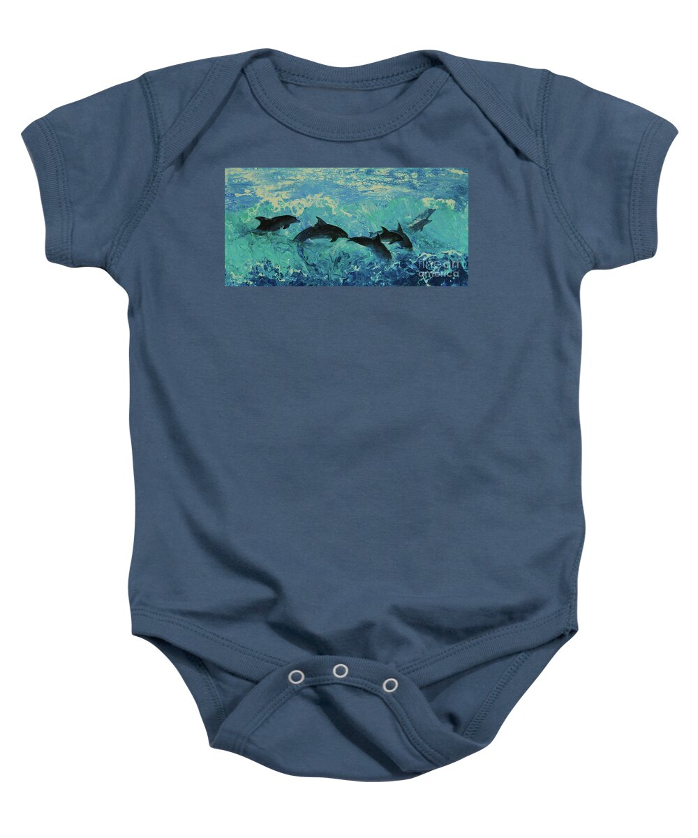 Painting Baby Onesie featuring the painting Dolphins Surf by Jeanette French