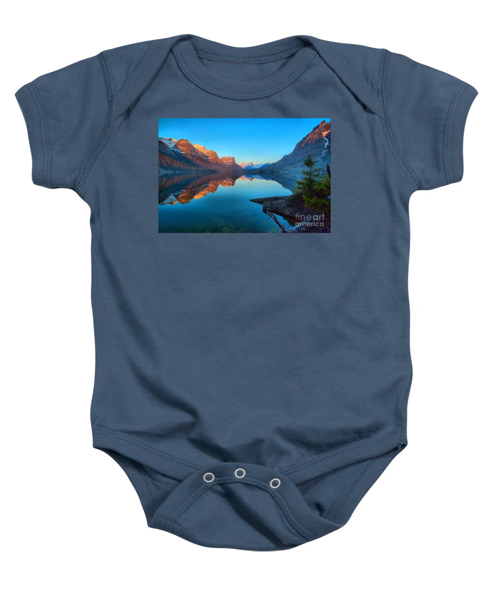 St Mary Baby Onesie featuring the photograph Glowing Mountain Peaks Of St Mary Glacier 2019 by Adam Jewell