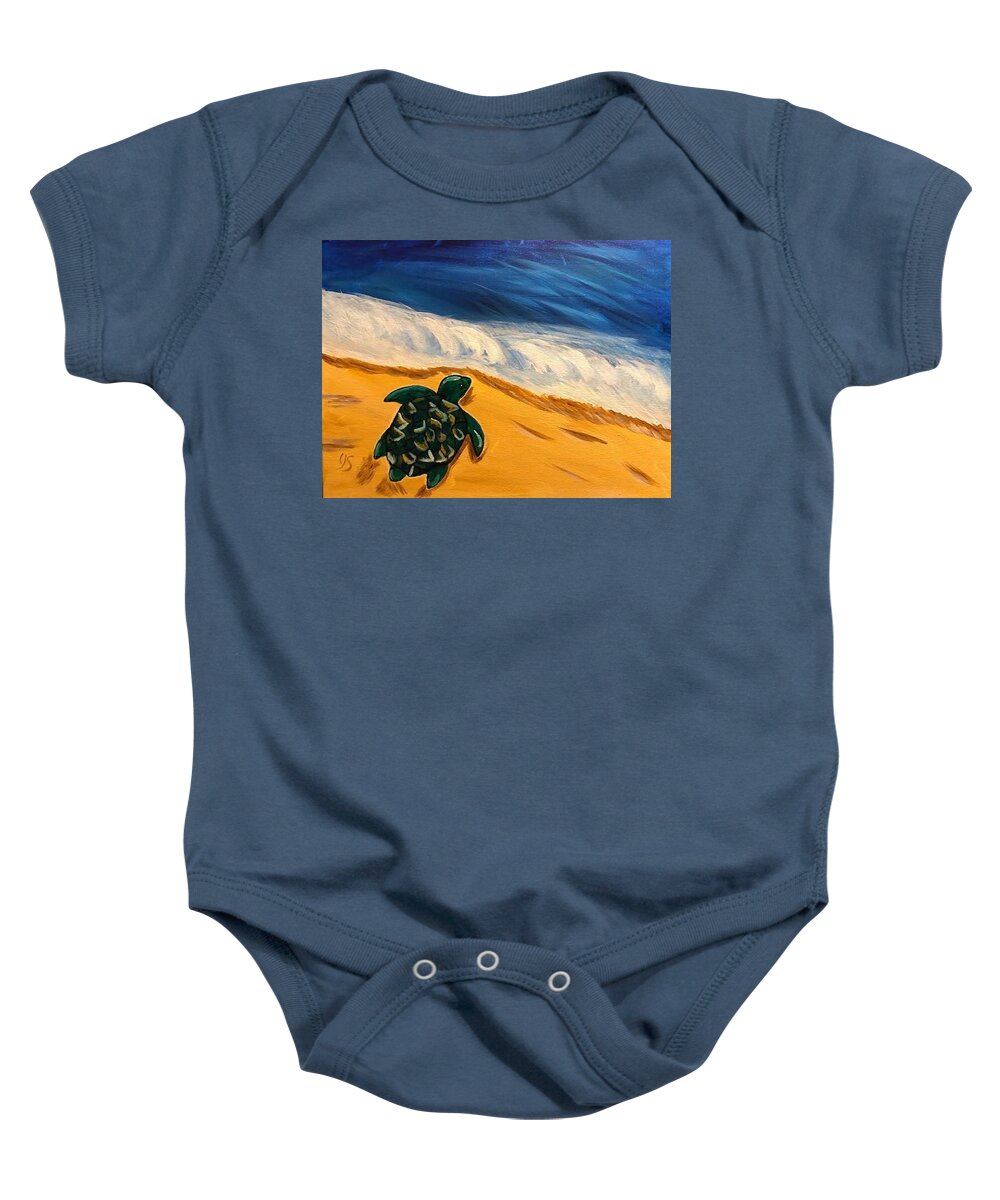 Turtle Baby Onesie featuring the painting Headed to the Sea by Yvonne Sewell