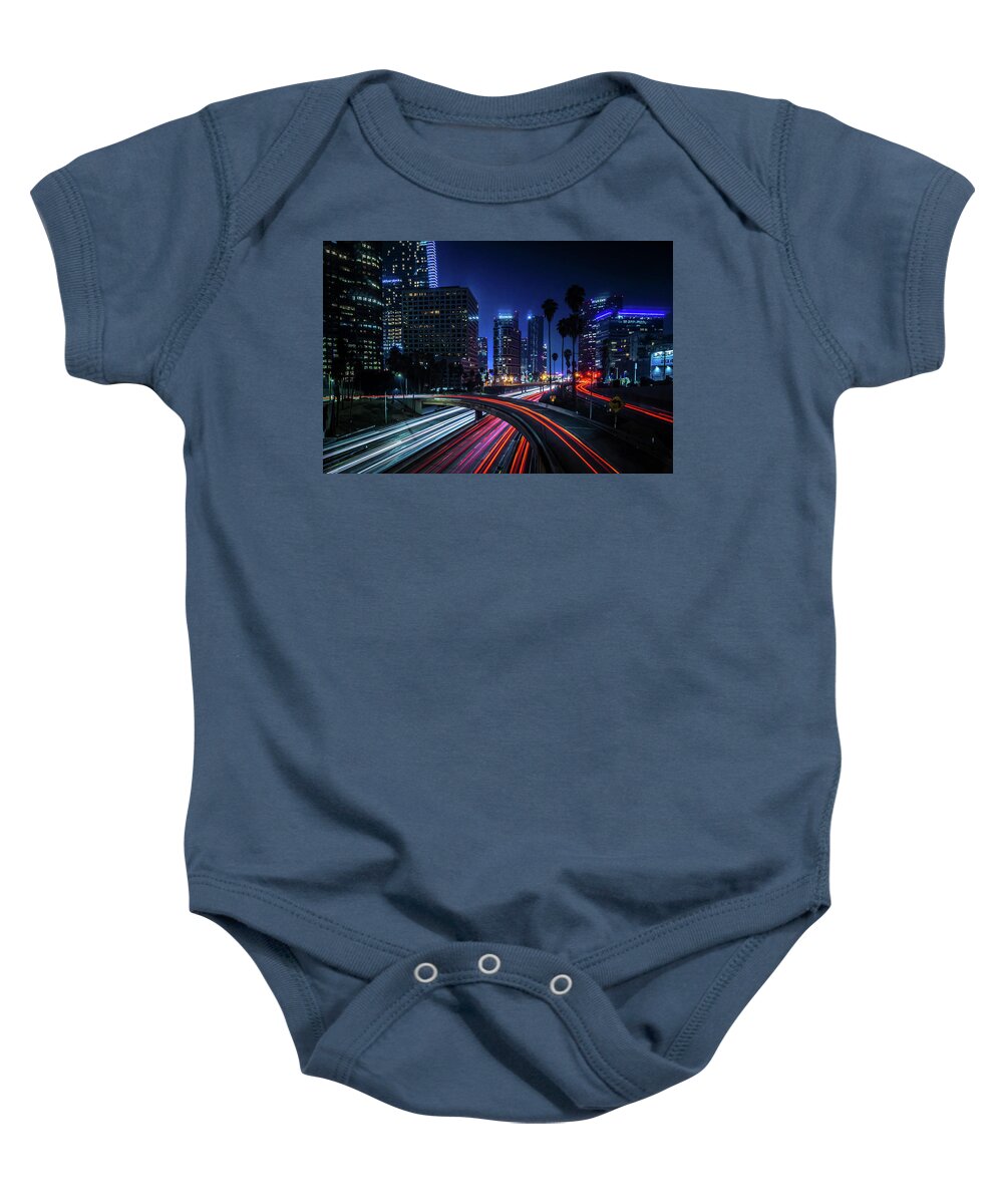 Traffic Baby Onesie featuring the photograph Los Angeles california city downtown at night by Alex Grichenko