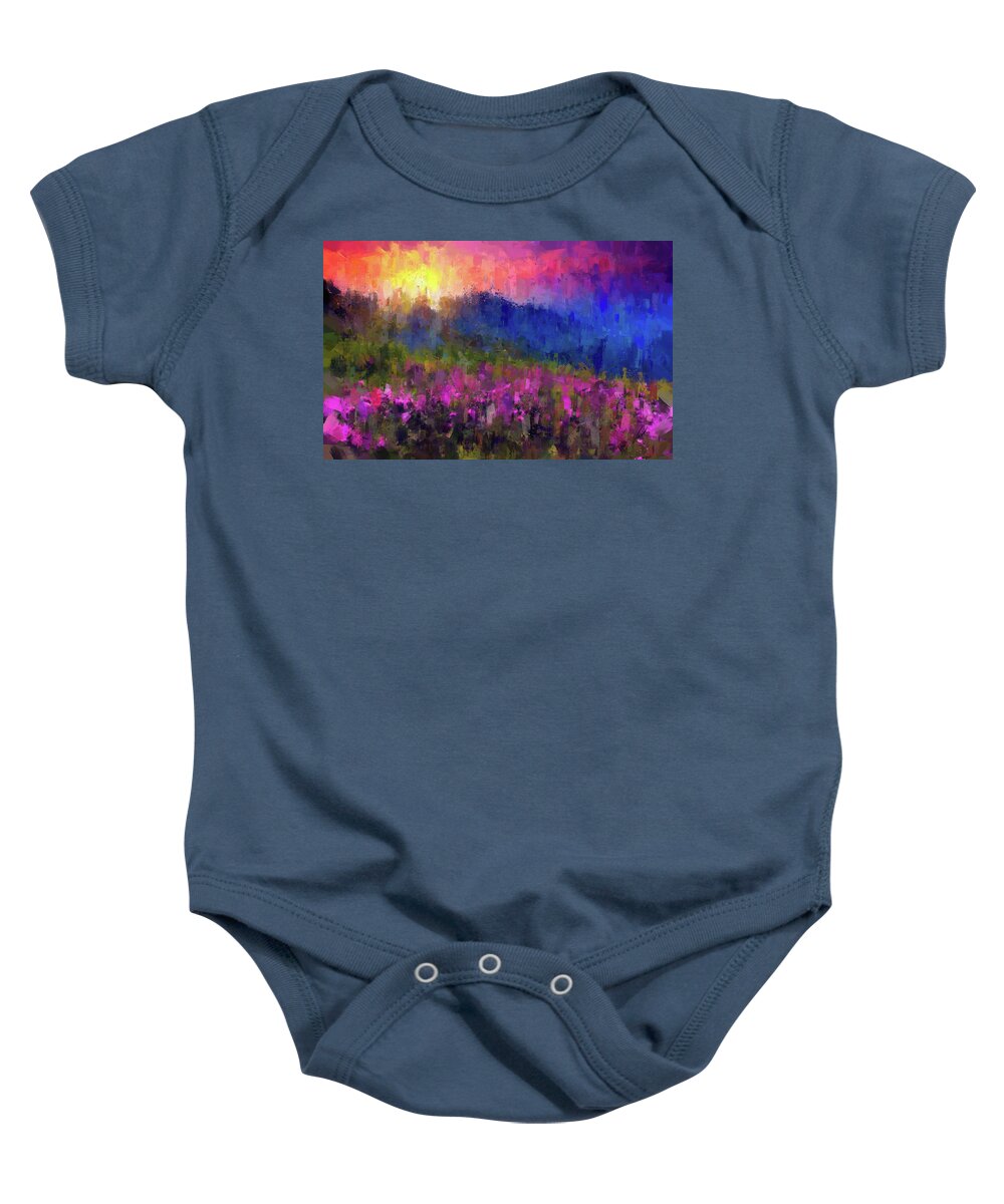Mountain Baby Onesie featuring the painting Mountain sunset by Vart Studio