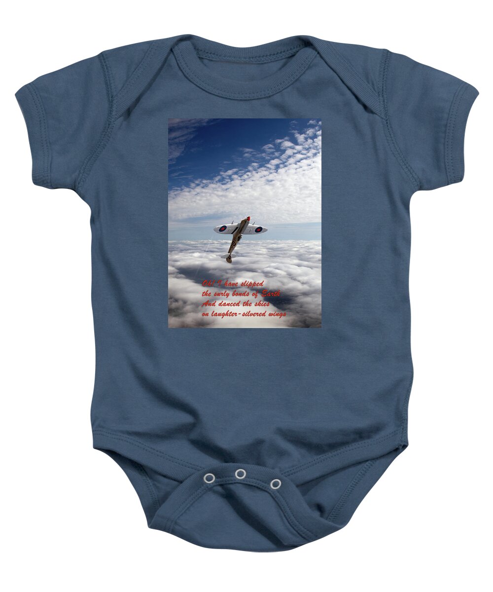 601 Squadron Baby Onesie featuring the photograph Silver Spitfire - slipping the surly bonds ... by Gary Eason
