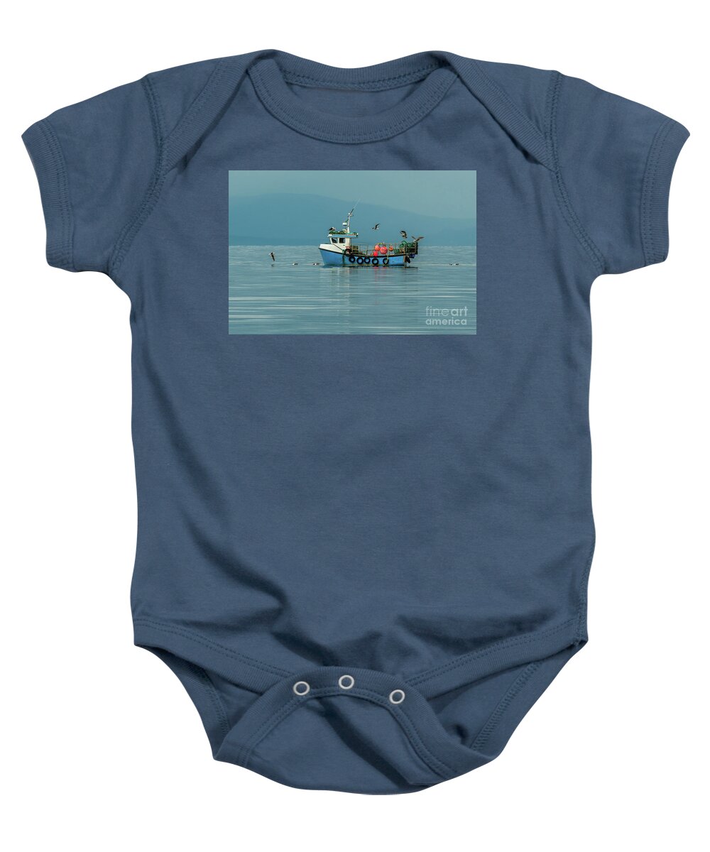 Animal Baby Onesie featuring the photograph Small Fishing Boat With Lobster Pods And Seagulls On Calm Atlantic In Front Of The Hebride Islands by Andreas Berthold