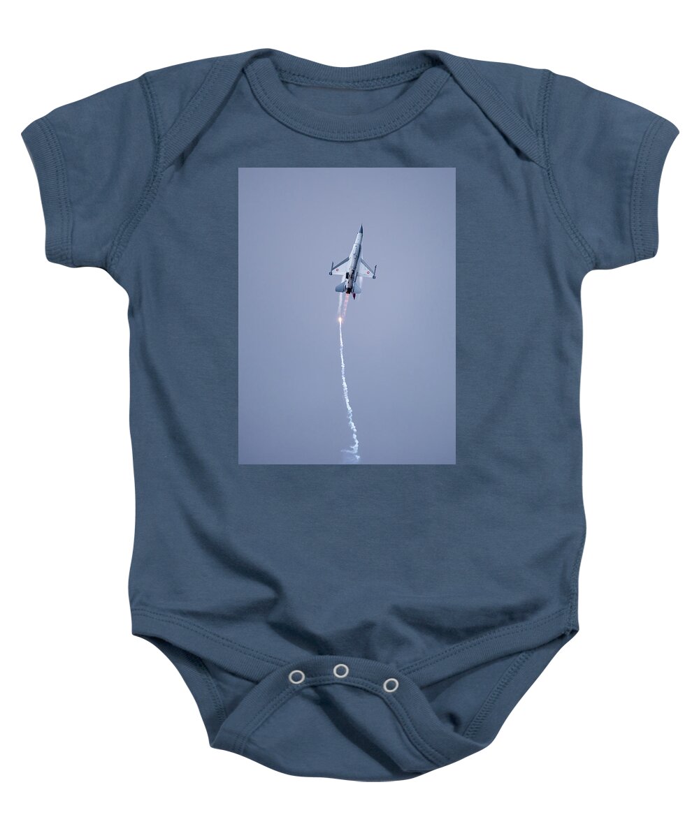 F-16 Fighting Falcon Baby Onesie featuring the photograph The Danish F-16 Fighting Falcon in high speed action dropping flares by Torbjorn Swenelius
