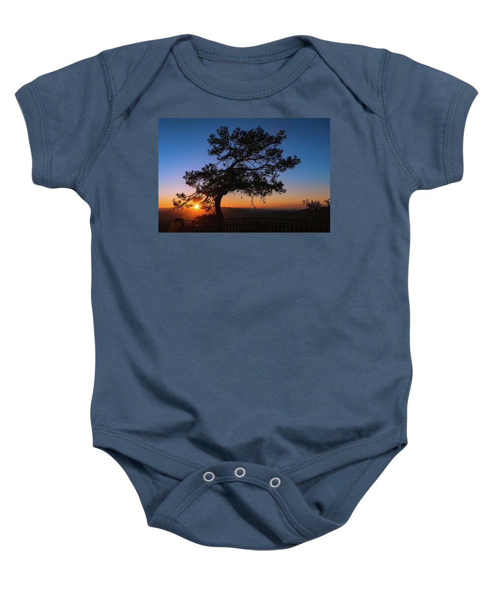 Cyprus Baby Onesie featuring the photograph Silhouette of a forest pine tree during blue hour with bright sun at sunset. #1 by Michalakis Ppalis