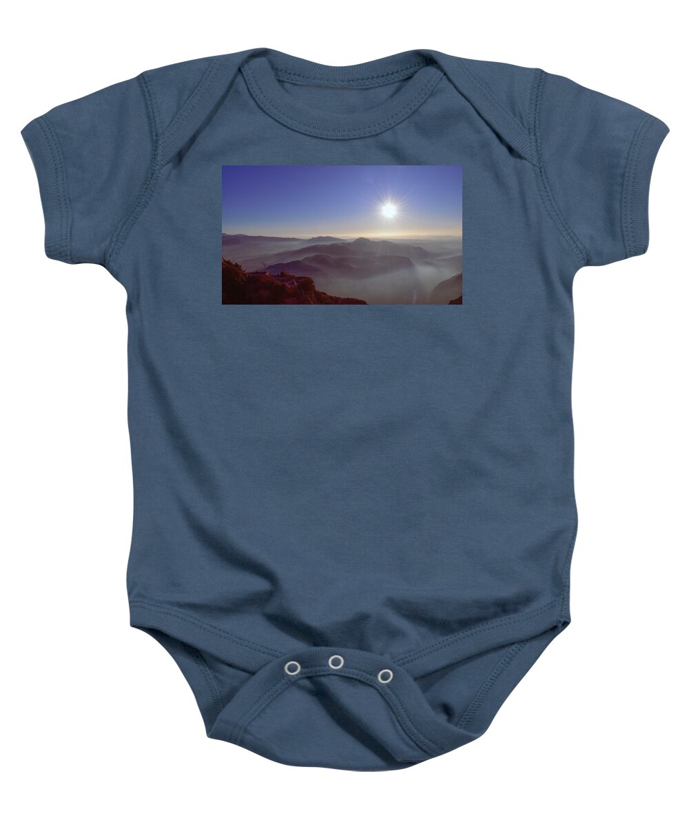 Sunrise Baby Onesie featuring the photograph Sunrise over the mountains from Abbey of Montserrat #3 by Christina McGoran