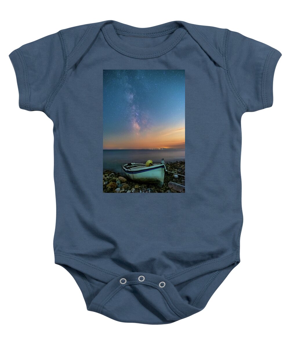 Milky Way Baby Onesie featuring the photograph A Fishing Boat under the Milky Way by Alexios Ntounas