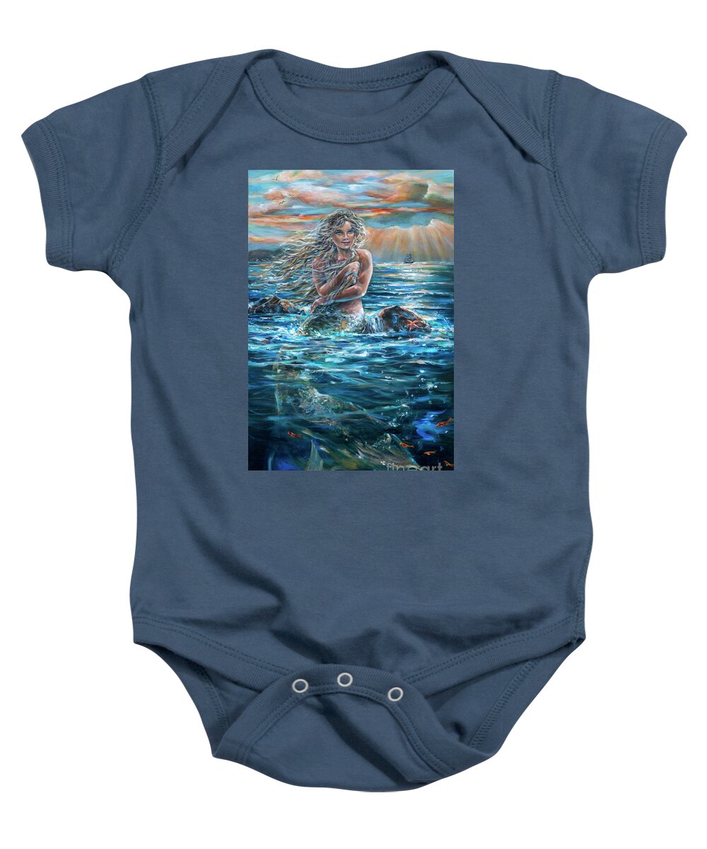 Beach Baby Onesie featuring the painting A Ship in the Distance by Linda Olsen