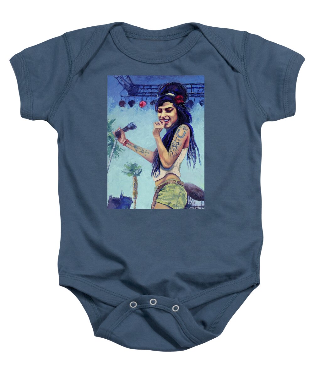 Coachella Baby Onesie featuring the painting Amy Winehouse Coachella Festival, 2017 by PJ Kirk