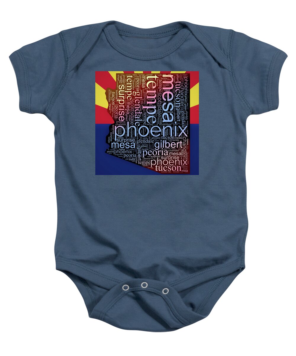 Arizona Typography Map On State Flag Baby Onesie featuring the digital art Arizona Typography Map On State Flag by Dan Sproul