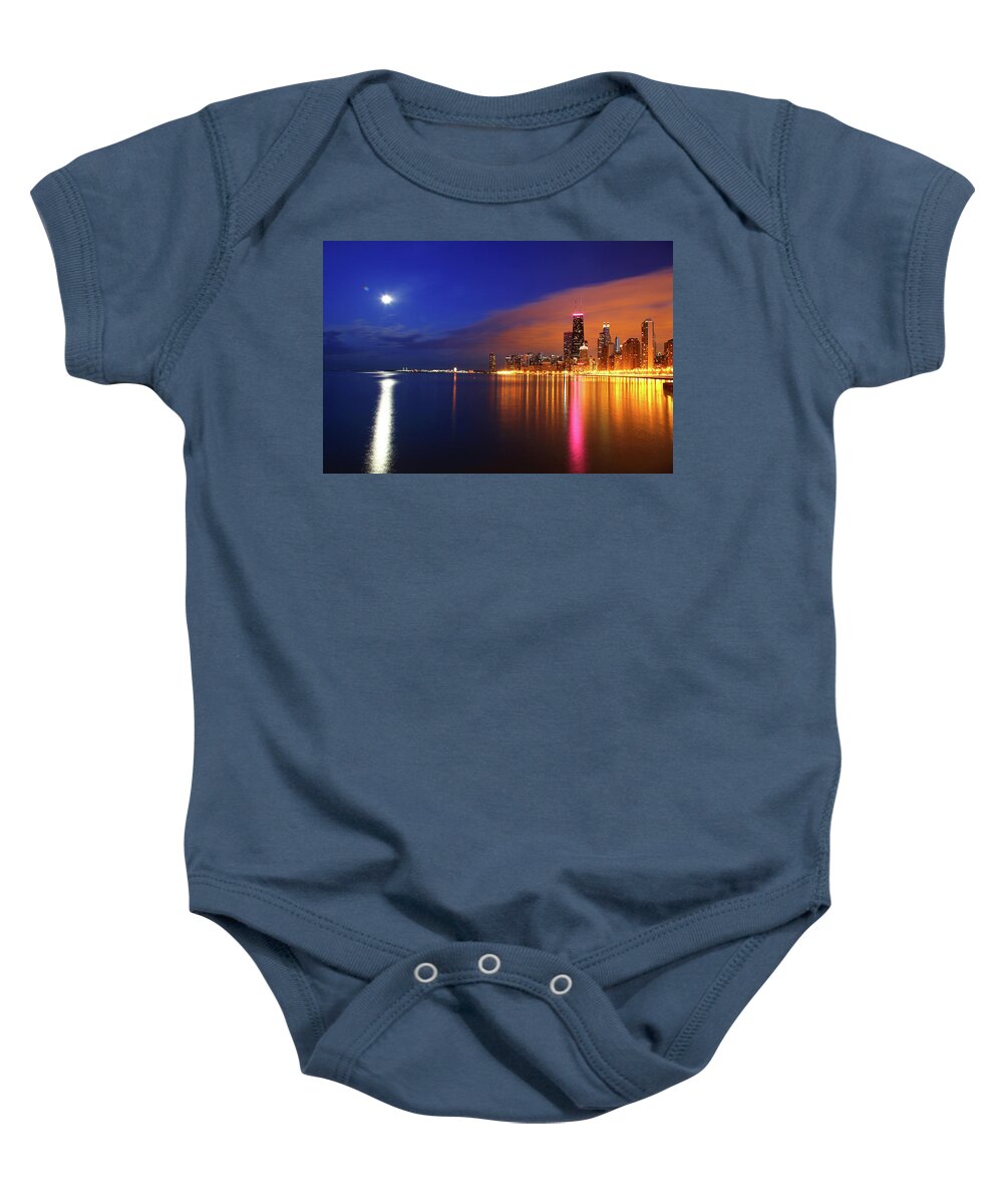 Architecture Baby Onesie featuring the photograph Chicago Skyline Moonlight Water by Patrick Malon