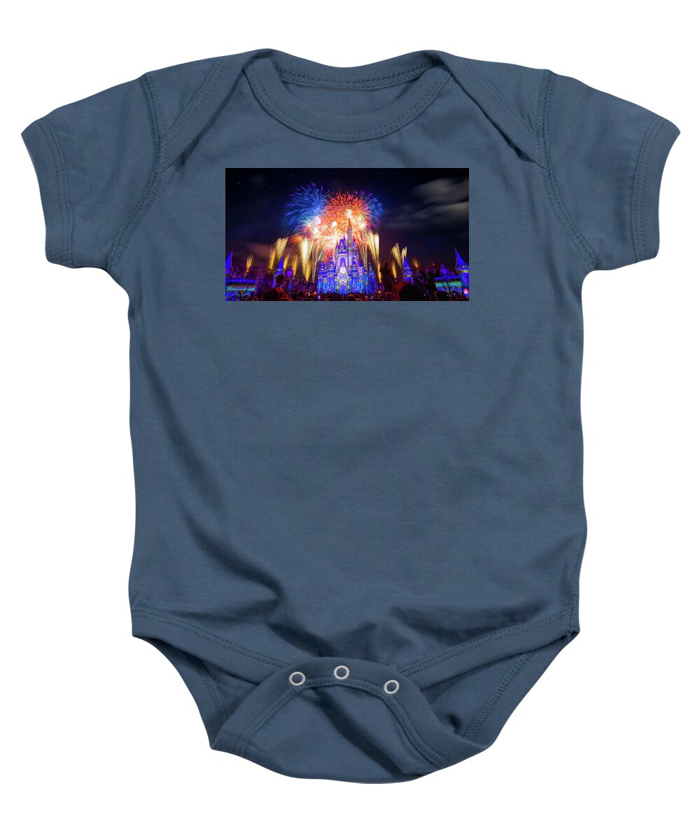 Magic Kingdom Baby Onesie featuring the photograph Cinderella Castle Fireworks Panorama by Mark Andrew Thomas