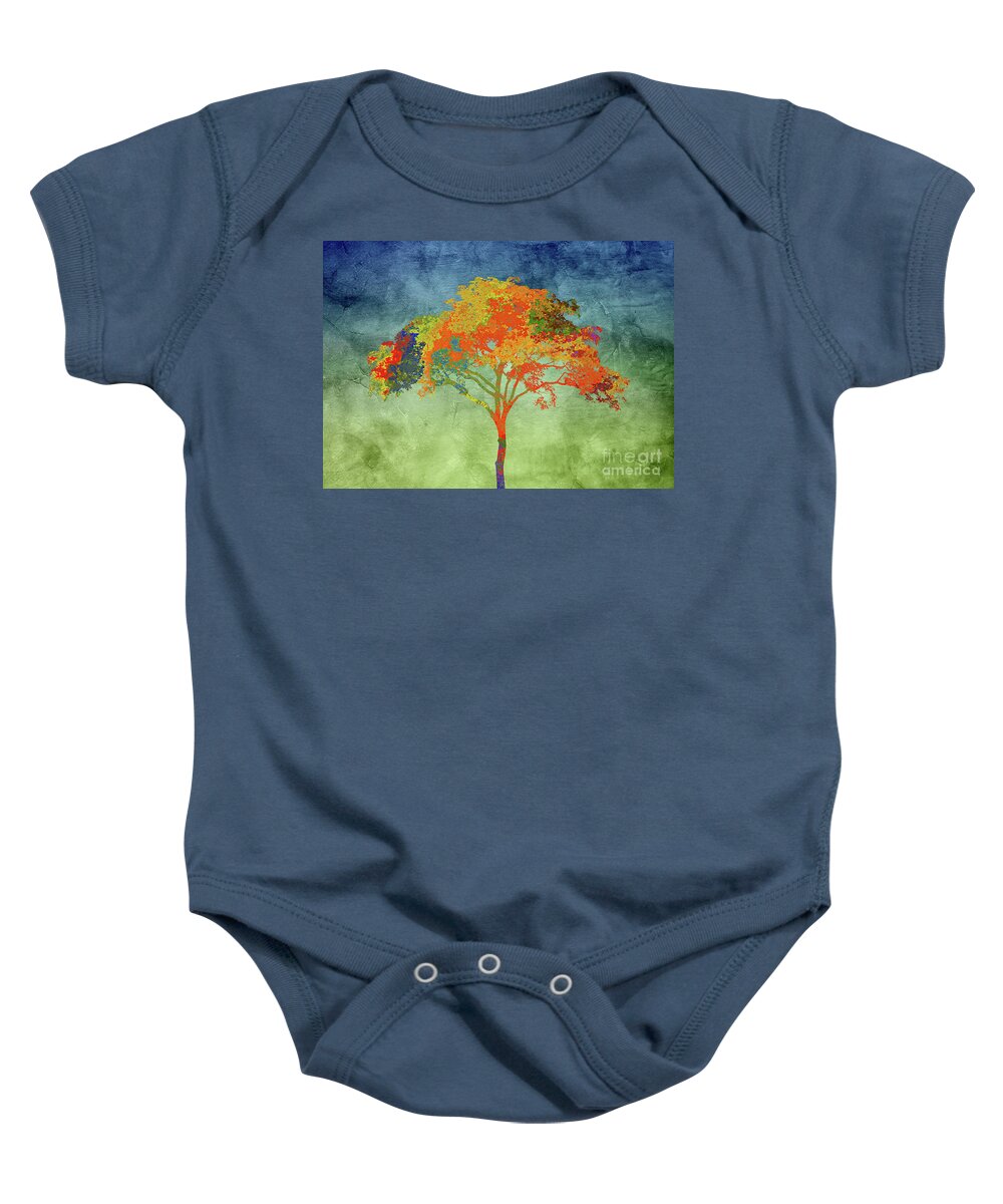 Tree Baby Onesie featuring the painting Colorful Tree on Blue and Green by Hailey E Herrera