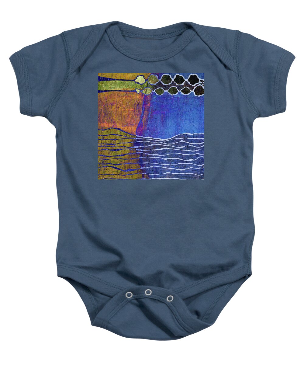Sunset Over The Ocean Baby Onesie featuring the digital art DAY INTO NIGHT Abstract Orange and Blue by Lynnie Lang