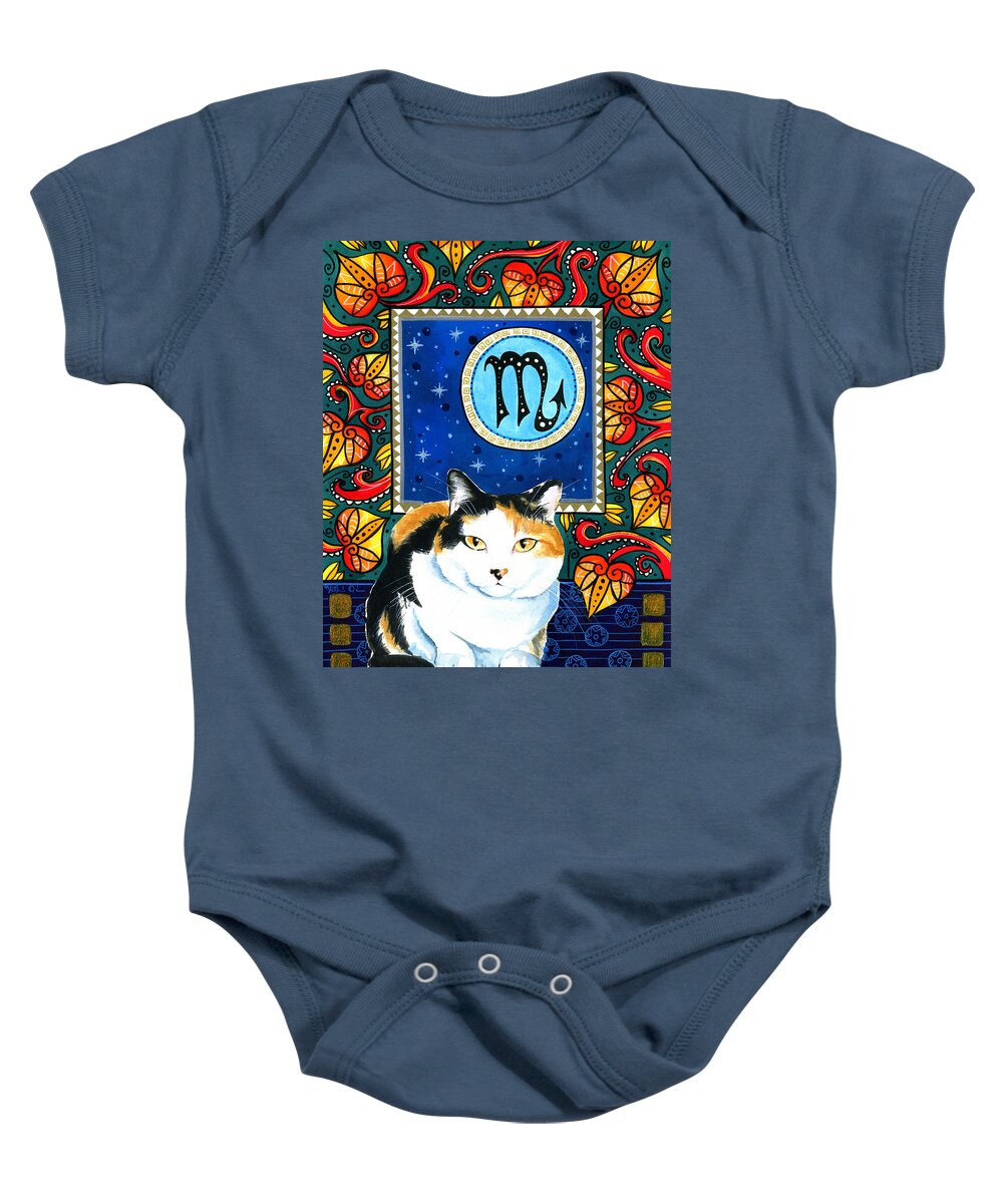 Cat Baby Onesie featuring the painting Eleanor with Scorpio Cat Zodiac Sign by Dora Hathazi Mendes