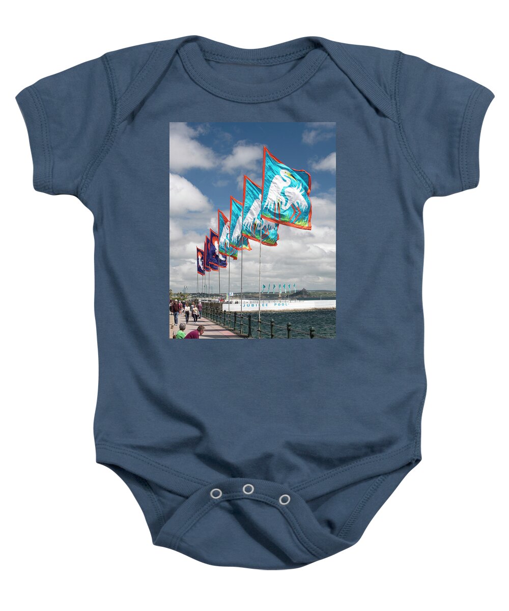 Flag Baby Onesie featuring the photograph Flags on Penzance Promenade by Tony Mills