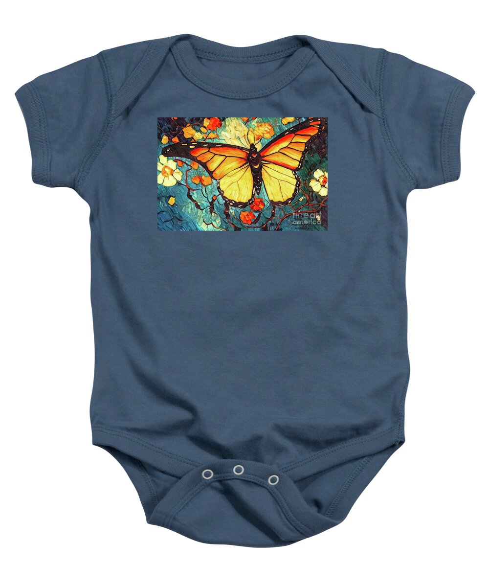 Monarch Butterfly Baby Onesie featuring the painting Fluttering Monarch by Tina LeCour