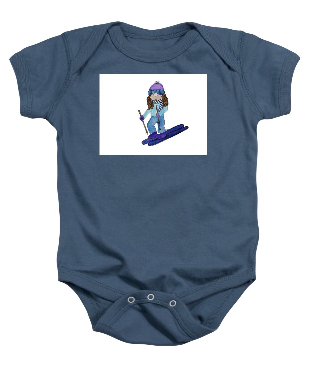 Gnome Girl Baby Onesie featuring the mixed media Gnome Girl Skier by Lisa Neuman
