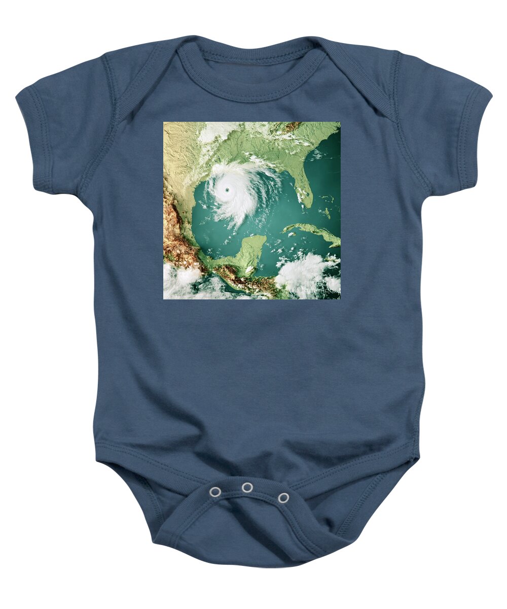 Gulf Of Mexico Baby Onesie featuring the digital art Gulf Of Mexico Cloud Map Hurricane Laura 3D Render Color by Frank Ramspott
