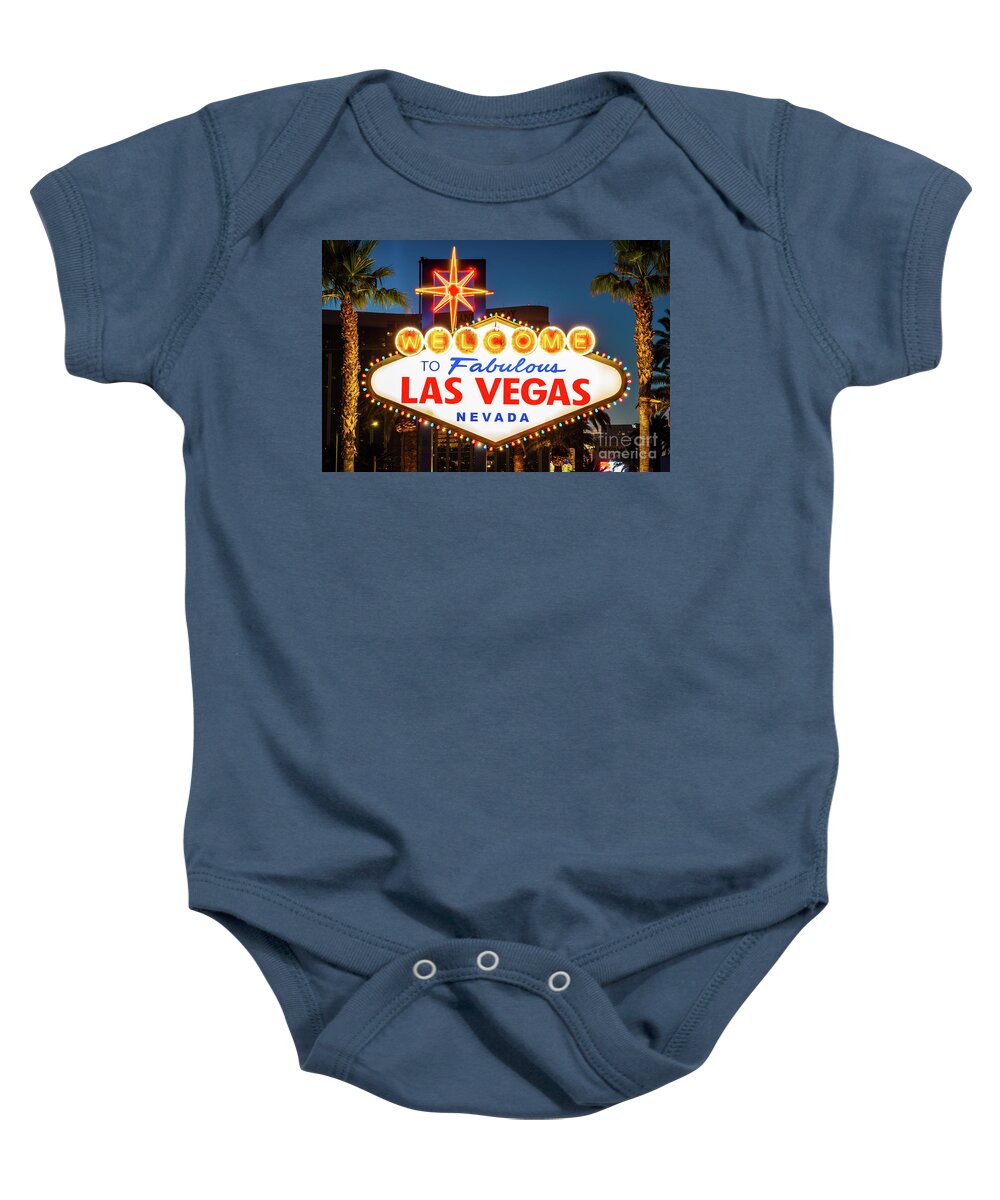 America Baby Onesie featuring the photograph Las Vegas Welcome Sign at Night Photo by Paul Velgos