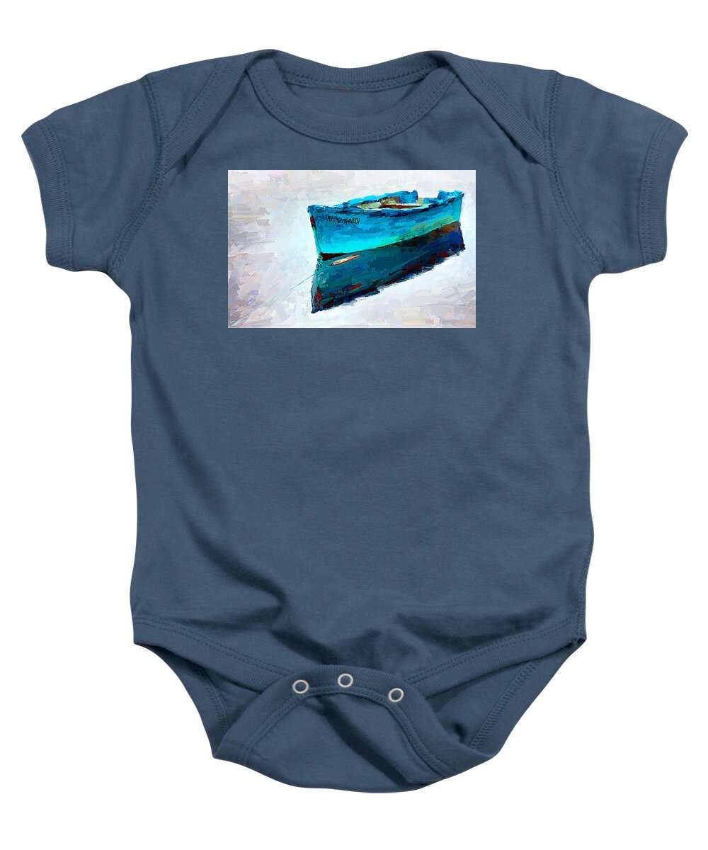 Lonely Baby Onesie featuring the digital art Lonely boat floating - digital painting by Tatiana Travelways